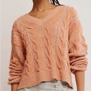 Free People V-Neck Cable Knit Sweater in Soft Peach